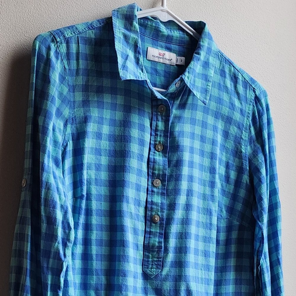 Vineyard Vines Blue Checked Half-Button Down Blou… - image 2